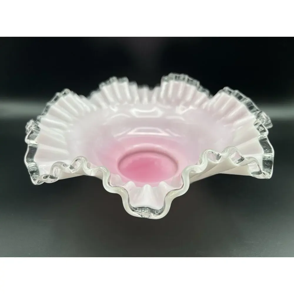Fenton Silver Crest White w Pink Cased Glass Bride’s Basket Bowl 10.5” Vintage